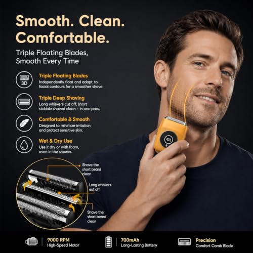 Electric Mini Foil Shaver for Men Grooming Razor Beard Trimmer - Yellow - Compact Waterproof