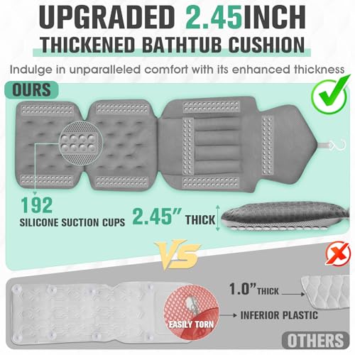Full Body Bath Pillow with 192 Suction Cups - Luxury Thick Tub Cushion in Dark Gray