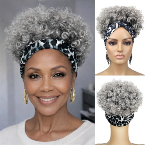 Adancyler Short Curly Headband Wig - Salt & Pepper Afro Style, 6 Inch Tgrey
