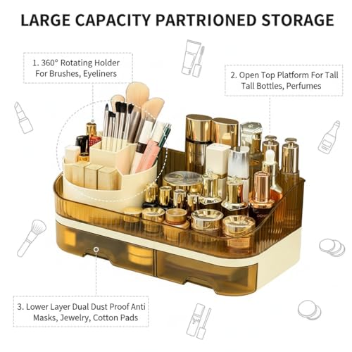 Brown Makeup Organizer with Dual Drawers and Rotating Top - TidyLadyo