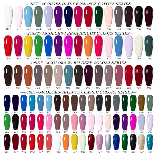 60 PCS Gel Nail Set, 54 Colors Gel Polish Set Classic Shades, with Gold Silver Glitter and Glossy Matte Top Coat, Base Coat Builder gel, for Women Gift Kit