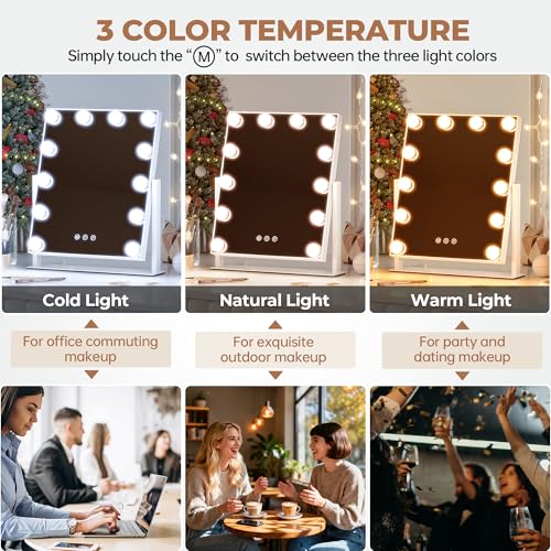 Vanity Mirror with Lights, 12 Bulbs Makeup Mirror with Smart Touch Control, 3-Color Dimmable Lighting, 360¡Æ Rotation