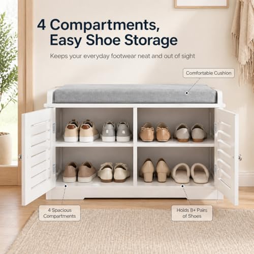 White Shoe Storage Bench with Padded Seat & 2 Doors - Modern Entryway Furniture