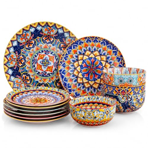 12-Piece Bohemian Ceramic Dinnerware Set for 4 with Colorful Plates & Bowls