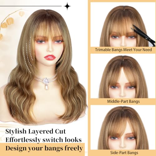 Light Brown Synthetic Wig with Bangs & Blonde Highlights - Realistic 4x4 Scalp, Layered Style for Women