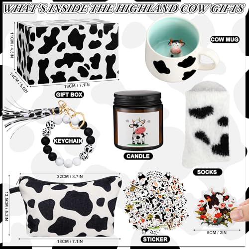 Honeydak Cow Gifts Set for Women Cow Printed Accessories Includes Makeup Bag Gift Box Cute Socks Keychain Mug Scented Candle Stickers for Christmas and Birthday Party Gifts