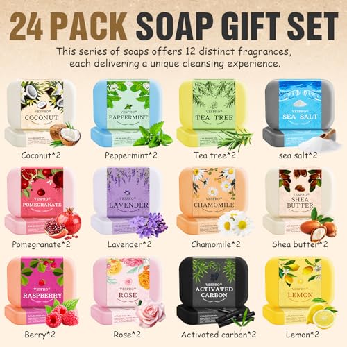 24 Pack Natural Bar Soap Gift Set with Olive Extract & Sisal Bags - Moisturizing Body Wash