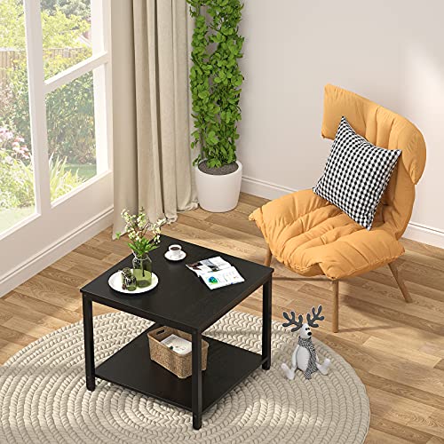 Homieasy Black 20-Inch Square 2-Tier Metal Wood Side Table - Modern Industrial Nightstand