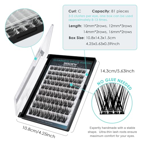 Combinations of P02 Tweezer + Lash Clusters, 81 Pieces DIY Eyelash Extensions, Individual Cluster Lashes, Self Adhesive Lashes at Home(Volume-C Curl-MIX10-16mm-Black)