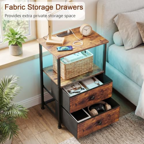Set of 2 LED Nightstands with Charging Station - Rustic Brown / Power & RGB Lights