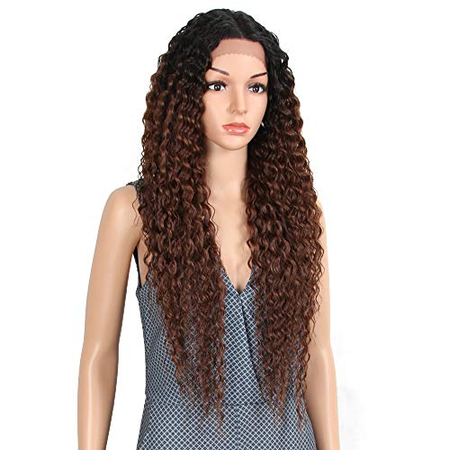 Long Curly Wavy Lace Front Wig for Black Women - Ombre Brown 28 Inch Synthetic Hair