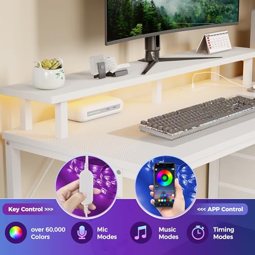 52-Inch Reversible Gaming Desk with LED Lights Power Outlets - White