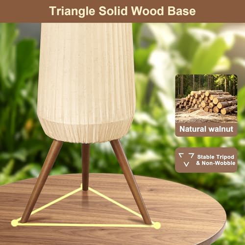 Oatmeal Fabric Pleated Floor Lamp with Walnut Wood Tripod Base - 61in Tall