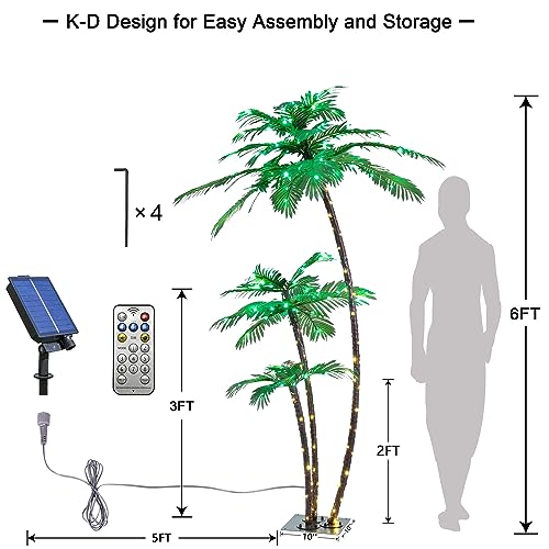 LIGHTSHARE 6FT Solar Lighted Artificial Palm Tree with 3 Trunks & 203LED for Indoor & Outdoor Decoration