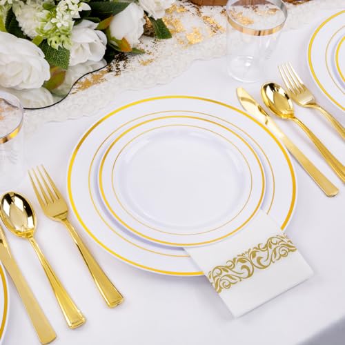 Gold Disposable Dinnerware Set for 100 Guests - Plastic Plates, Cups & Cutlery Variation of Gold / 100 Guests