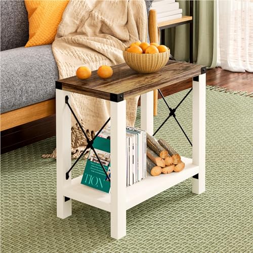 GAZHOME Rustic Farmhouse End Table Set of 2 with Storage Shelf, Narrow Nightstands for Living Room & Bedroom, White