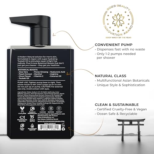 Blackwood For Men Pure Moisture Body Wash - Infused with Ginseng & Menthol - Natural Vegan Formula for Sensitive Skin and Workout Recovery - Sulfate Free, Paraben Free, & Cruelty Free (7 Oz)