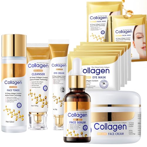 Collagen Skin Care Set - 13 Pcs Facial Kit with Cleanser, Toner, Serum & Masks - Collagen-13