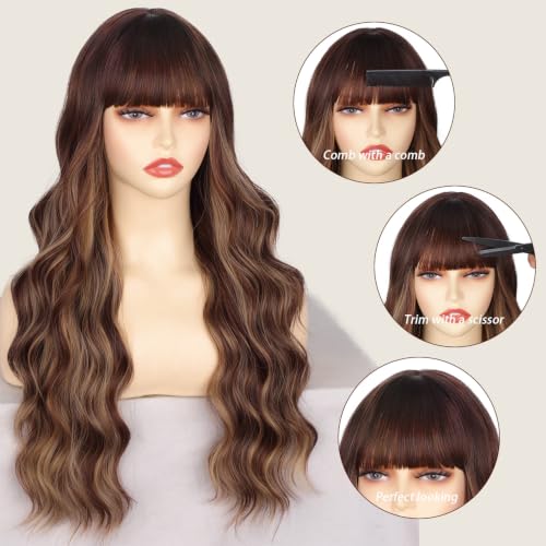 Lativ Brown Highlight Wigs for Women with Bangs & Dark Roots - Long Wavy 26 Inch - Brown Mixed Blonde Variant