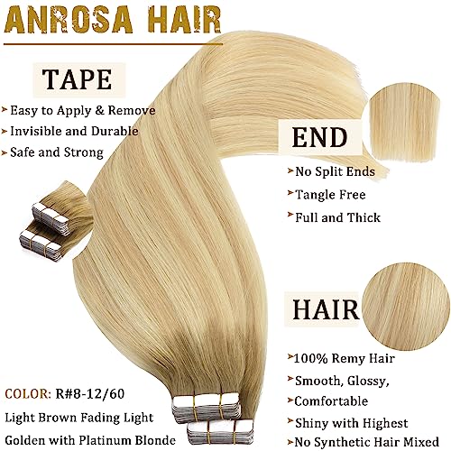 Anrosa Blonde Tape-In Human Hair Extensions Seamless 14 Inch - Light Brown to Platinum Blonde