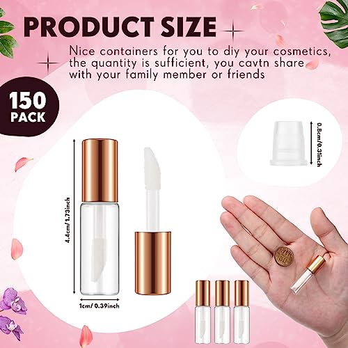 Jinei 150pcs Mini Lip Gloss Tubes 1.2ml Clear Refillable with Rose Gold Cap