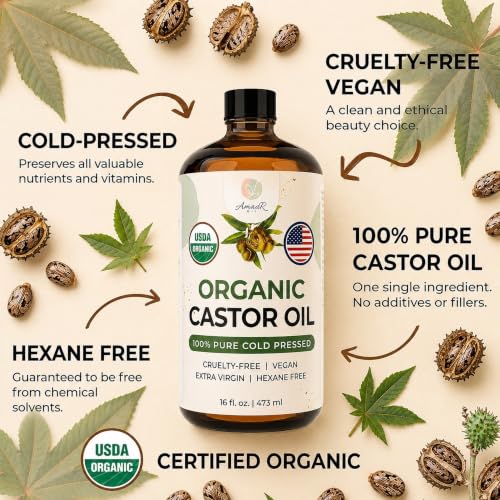 16 oz USDA Organic Cold Pressed Castor Oil - Unrefined Moisturizing Hair & Skin Oil