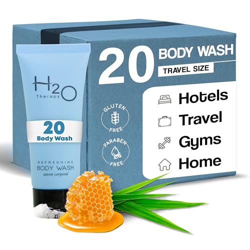 Travel Size Hotel Body Wash 20 Count 0.85 oz Bottles Guest Amenities for Hotels Vacation Rentals and Short Term Rentals Paraben Free Green Tea Scent Infused with Aloe and Olive Oil by H2O Therapy