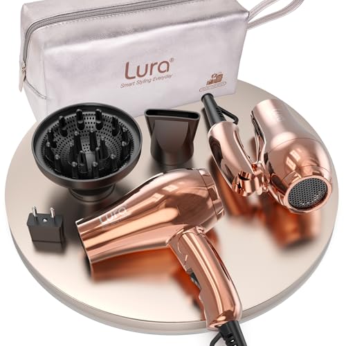 LURA Rose Gold Foldable Dual Voltage Travel Hair Dryer with Diffuser & Concentrator