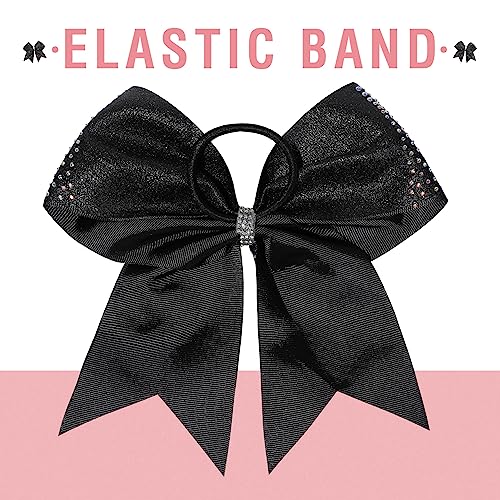 Cheerleader Hair Bows Set - Glitter Black with Rhinestones - 8 Inch, 6 Pack