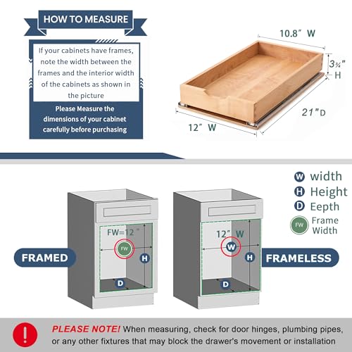 Pull Out Cabinet Drawers - 12'W x 21'D, Solid Beechwood, Soft Close, Easy Installation