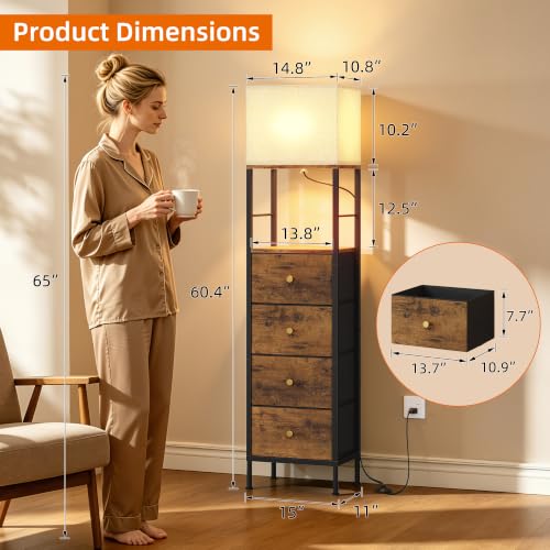 Tall Nightstand with Light & 4 Fabric Drawers - Rustic Brown, 60.4"