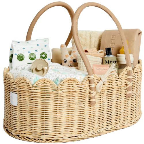 Natural Baby Diaper Caddy Organizer with Scalloped Rattan & Removable Divider - Stylish & Multi-Purpose