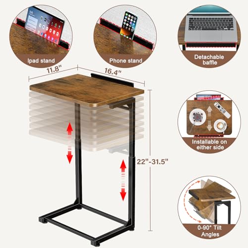 Brown 2-Pack Adjustable TV Tray Tables with Tilt & Phone Slot - Foldable Couch Side Desks