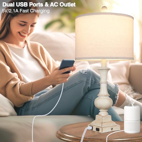White 26-Inch Farmhouse Table Lamps Set of 2 with USB-C & AC Outlets, Dimmable Touch Control, Rustic Nightstand Lamps for Bedroom and Living Room