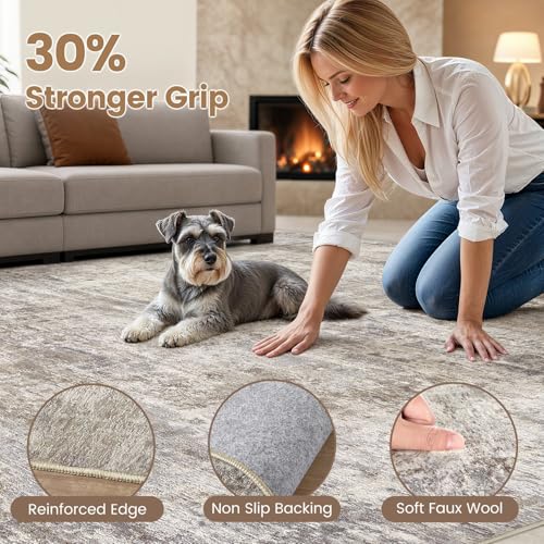 Cotiled 8x10 Brown Grey Abstract Washable Area Rug for Living Room