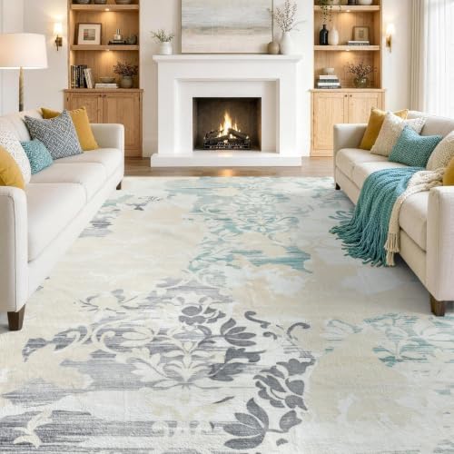 9x12 Beige Washable Non-Slip Area Rug for Living Room - Vintage Style