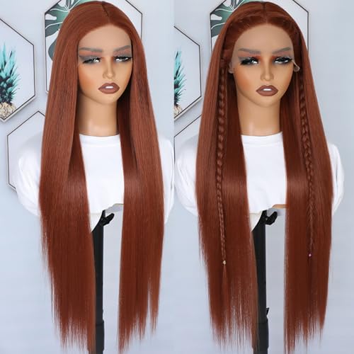 30 Inch Reddish Orange Lace Front Wig for Black Women - Long Straight, Pre Plucked, Glueless, Heat Resistant Synthetic Hair, Natural Hairline - Variation #AReddish Orange