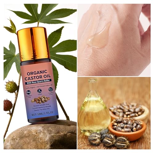 Organic Castor Oil Roll-On with Rose Quartz Roller for Hair & Skin - 1pcs