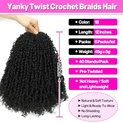 Youngther Yanky Twist Crochet Hair 12 Inch 6 Pack Black (1B) - Natural Style