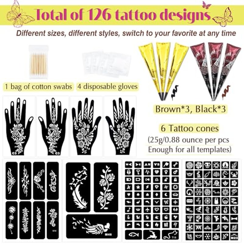 126 PCS Temporary Tattoos Stencils Kit,Temporary Tattoos Kit - 6 Pcs 2 Color(Brown Black) Ink with Gloves,DIY Body Art Painting for Women Men Adults Kids