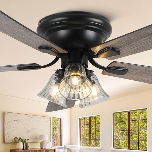 52 Inch Flush Mount Farmhouse Ceiling Fan with Lights and Remote - Variation 5215