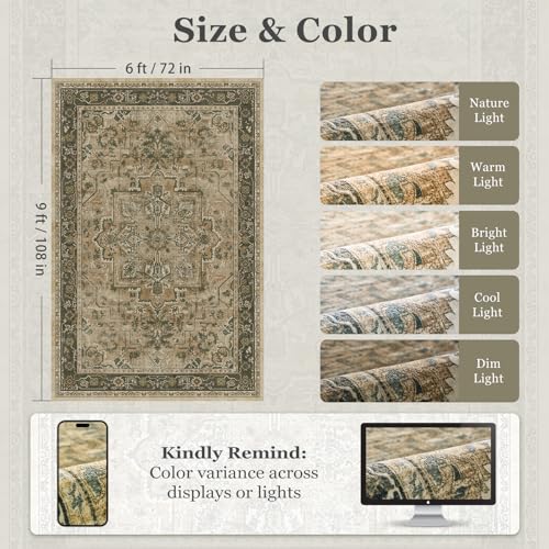 6x9 Foot Brown & Olive Green Vintage Medallion Area Rug - Non-Slip Washable Low Pile for Living Room & Bedroom - Modern Distressed Carpet