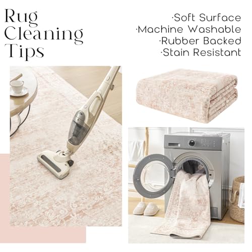 5x8 Pink Floral Washable Vintage Distressed Rug for Bedroom - Pink