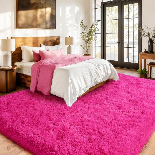 8x10 Hot Pink Area Rug for Girls Bedroom - Plush High Pile Fuzzy Carpet