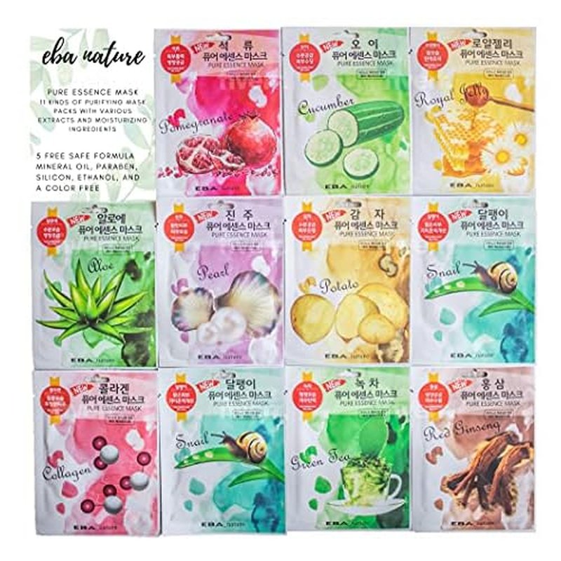 Eba nature} 22 Pcs Combo-Pack, Premium Korean Pure Essence Facial Mask Sheet (11 Types x 2 pcs), Five Chemical Free
