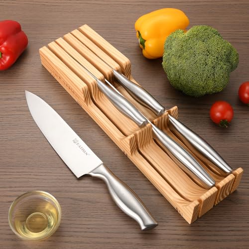 Drawer Knife Block Set - 6 Piece Kitchen Knife Organizer with Pine Block