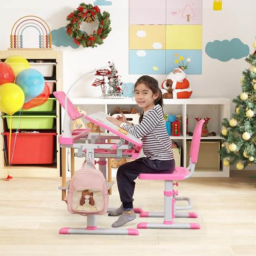 Kids Desk and Chair Set with Tilt Desktop LED Light Pink - Children’s Multi-Function School Furniture