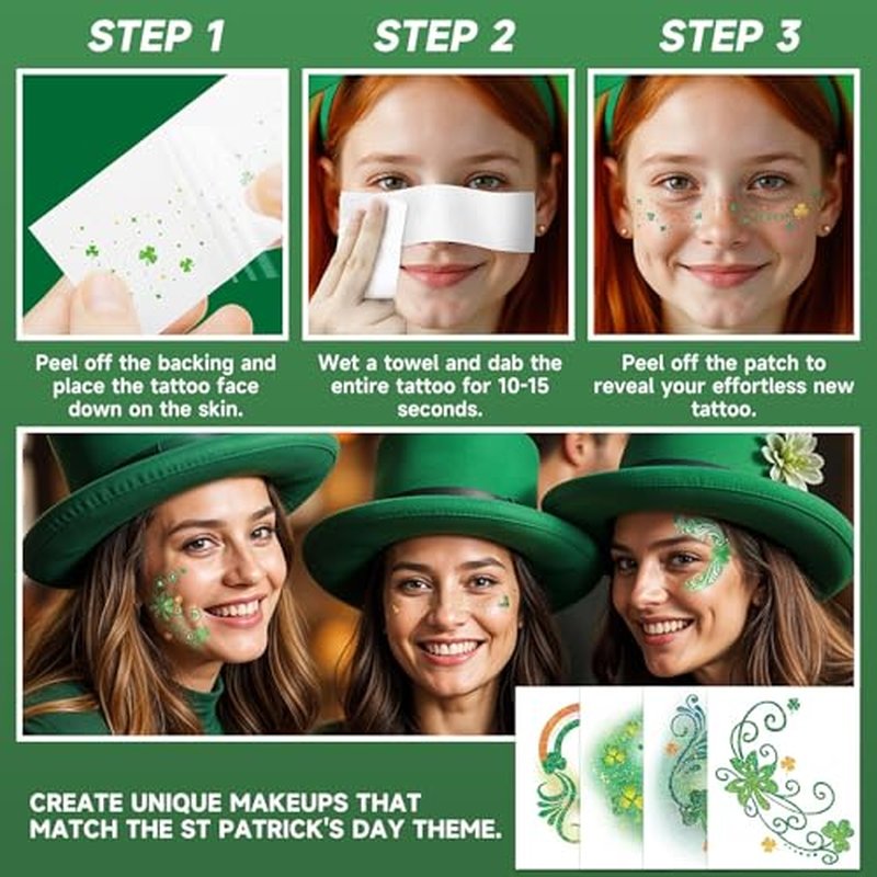 EMOME St Patrick Day Accessories, St Patrick's Day Glitter Shamrock Face Tattoo with Green Face Gems and Faux Freckles, Saint Patrick's Day Makeup Art Decorations Gift for Women