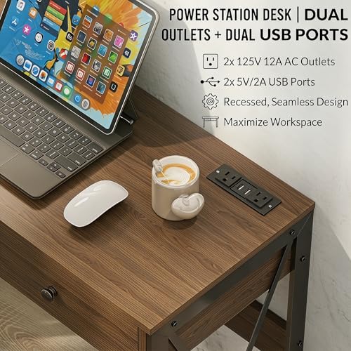Small Rustic Brown Computer Desk with Power Outlets & USB Ports - 31.5 Inch Workspace