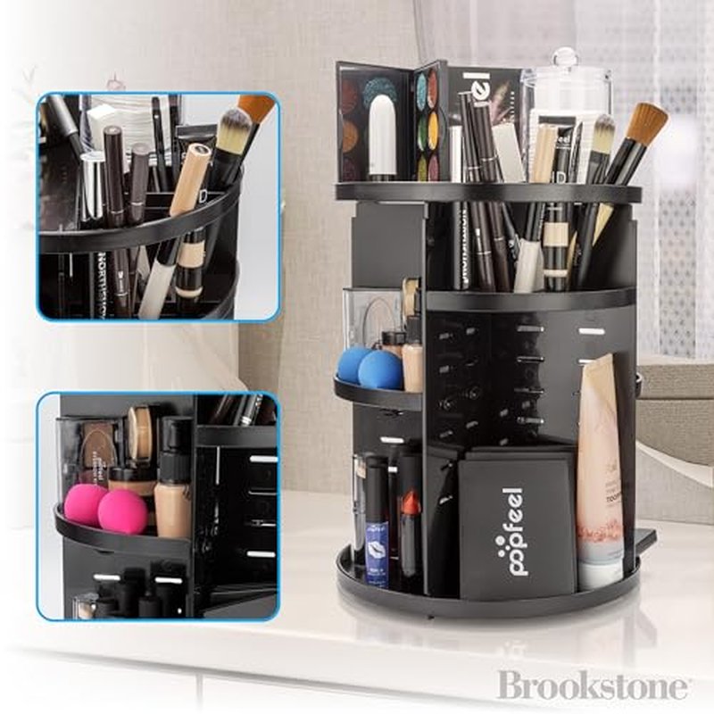 Brookstone 360¡Æ Spin Cosmetic Display Case for Vanity, Store Brushes, Lipsticks, and Other Fashion Accessories, Versatile Storage Solution, black